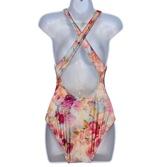 L'Agence Lisa Soft Cloud One Piece Swimsuit Floral Deep V Pearl Buckle Small NEW - Picture 3 of 9